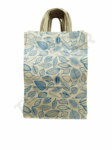 [010026] Sacs en papier Kraft avec feuilles bleues 23x32x12 cm, Paquet de 25